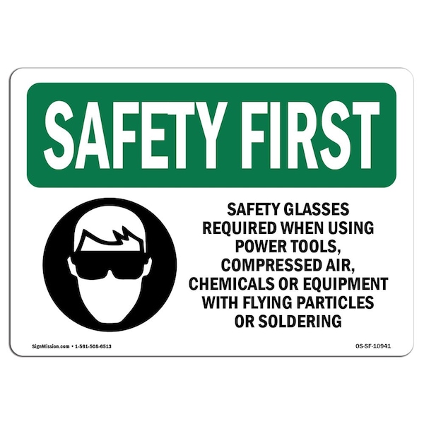 OSHA Sign, Glasses Required When W/ Symbol, 14in X 10in Aluminum, 14" W, 10" H, Landscape